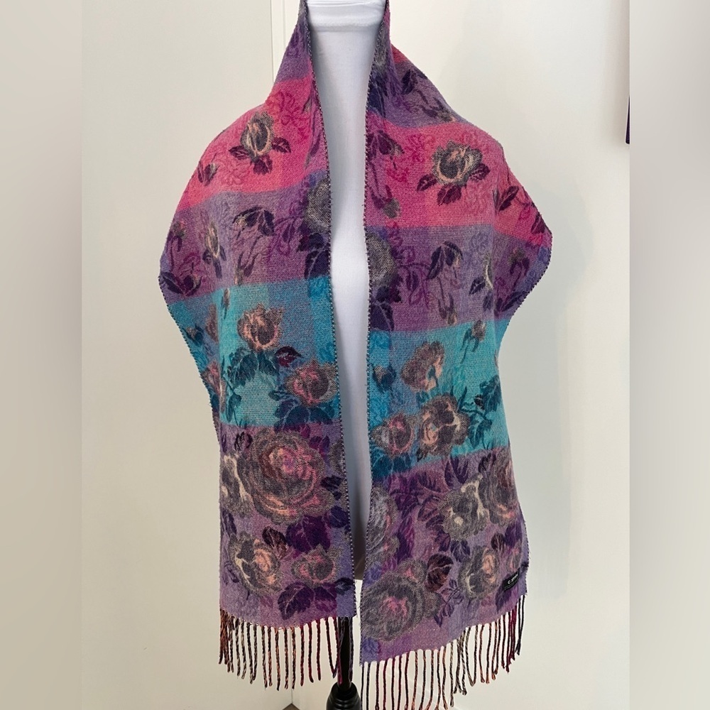 CASHMINK Reversible Floral Winter Scarf Fringe Roses Cozy Soft Made Germany